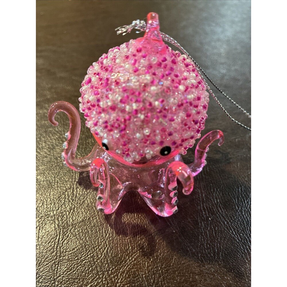 Unique Christmas glass OCTOPUS hot pink glitter ornament 3-1/4" tall